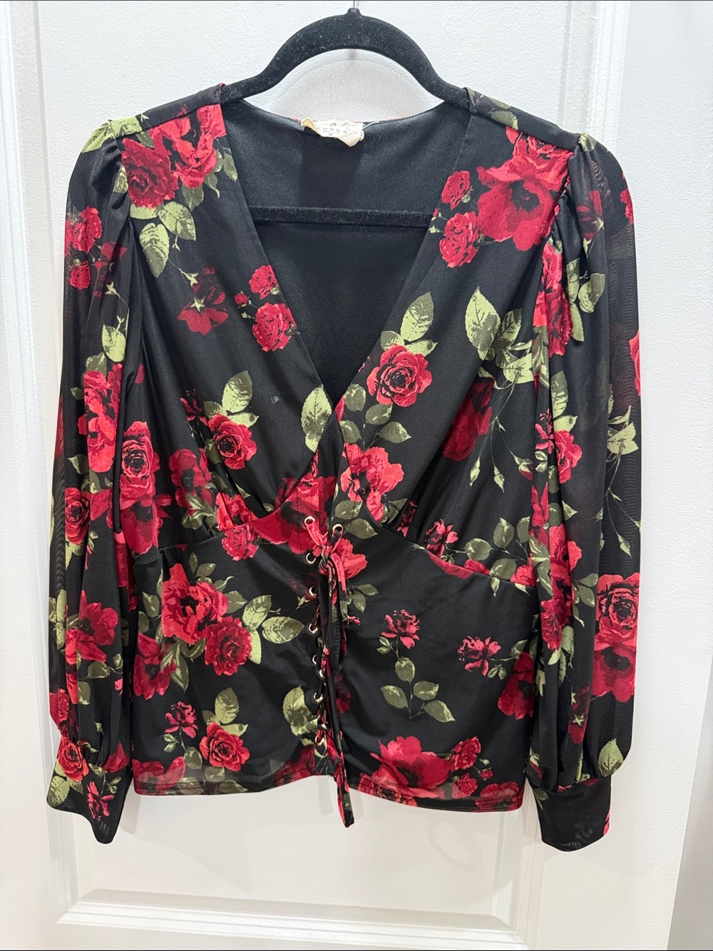 Black Floral Wrap Blouse with Red Rose Print
